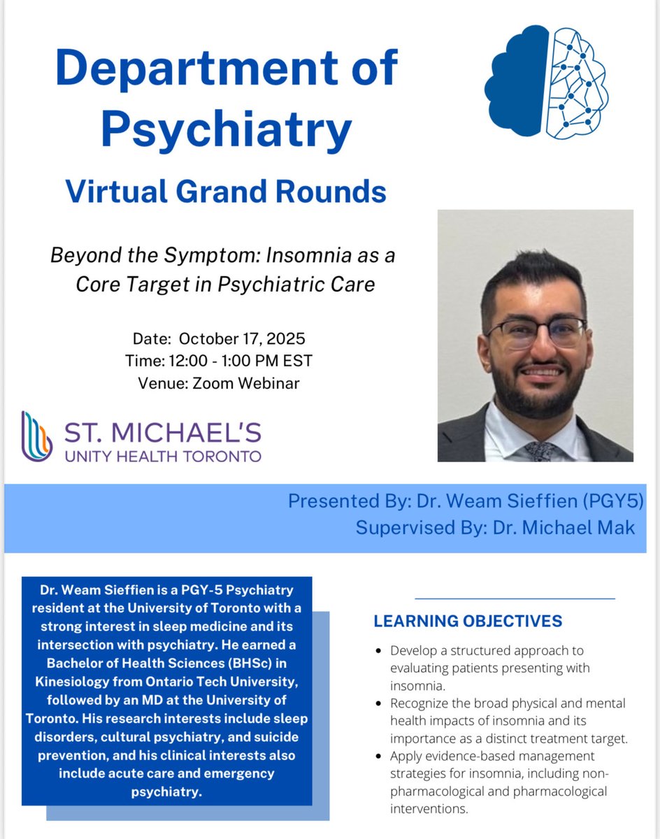 weamsieffien's tweet image. Excited to present my Grand Rounds at @UnityHealthTO this week- Beyond the Symptom: Insomnia as a Core Target in Psychiatric Care 😴 🧠 
Grateful for the guidance of my supervisor Dr.@mak_mike @CAMHnews