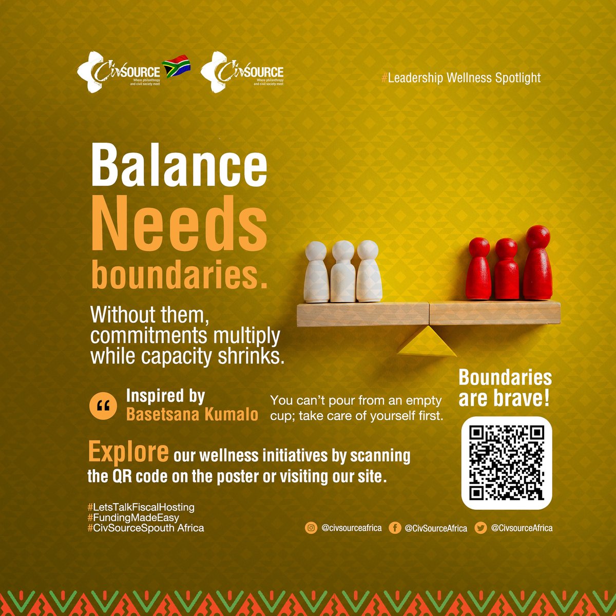 ✍🏾Balance needs boundaries.
#leadershipwellnessspotlight
 
Without them, commitments multiply while capacity shrinks.
 
🗣️ As Basetsana Kumalo reminds us, “You can’t pour from an empty cup; take care of yourself first.”
ℹ️Explore our wellness programs🔗: civsourceafrica.com/civsource-sout…