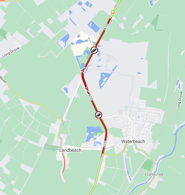 ✅CLEARED
#A10 #Ely Road, #Waterbeach; earlier delays have started to ease.