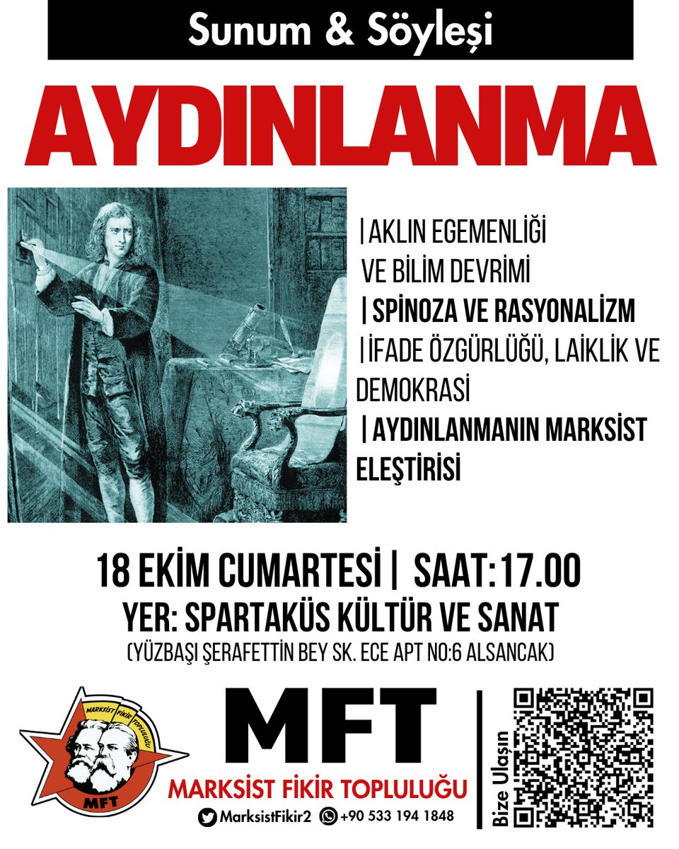 📍Bu hafta (18 Ekim Cumartesi)
"Aydınlanma" konulu sunum ve söyleşimizde bir araya geliyoruz. Tüm sıra arkadaşlarımızı bekleriz.