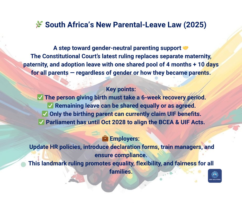 South Africa’s New Parental-Leave Law (2025)
📩 For support or guidance:
📧 support@bsm-solutions.co.za
💬 WhatsApp +27 61 501 3722
#BSMSolutions #ParentalLeave #SouthAfrica #HRCompliance #EmploymentLaw #GenderEquality #Sage300People #WorkplaceTransformation #HRUpdate #Leadership