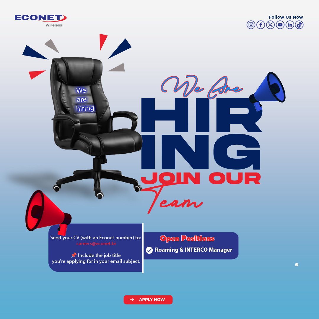 🚀 Donnez un nouvel élan à votre carrière !

Econet Wireless Burundi recherche un Roaming &amp; Interco Manager expérimenté et passionné.

📩 Envoyez votre candidature à careers@econet.bi
ou déposez-la au département RH avant le mardi 21 octobre 2025 à 17h00

#EconetWirelessBurundi