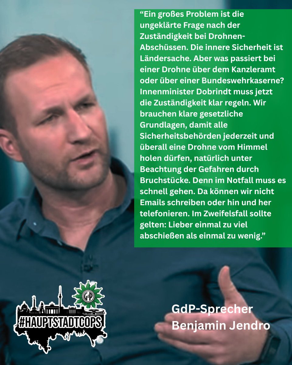„Im Ernstfall können wir nicht E-Mails schreiben oder hin und her telefonieren. Im Zweifelsfall gilt: Lieber einmal zu viel abschießen als einmal zu wenig und dazu sollte jede Sicherheitsbehörde in der Lage sein.“ @djeron7 im Interview <a href="/tonline/">t-online</a> zu Drohnen berlin.t-online.de/region/berlin/…