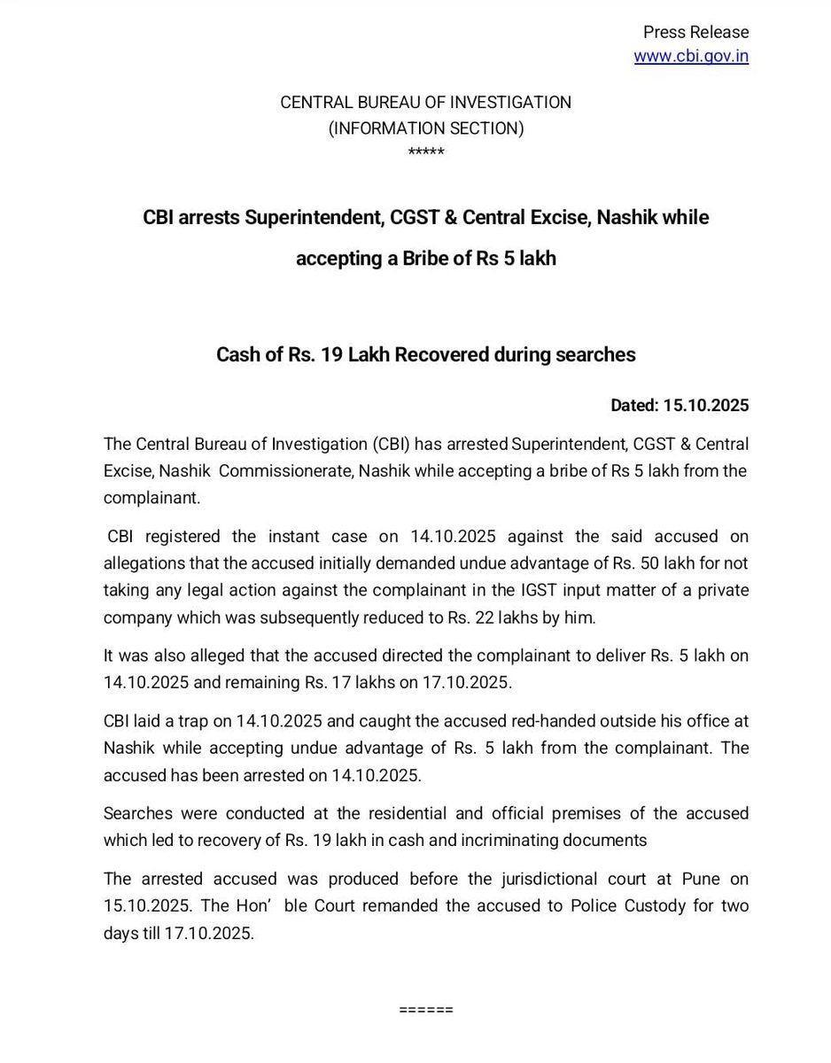 Central Bureau of Investigation (India) (@cbiheadquarters) on Twitter photo CBI arrests Superintendent, CGST & Central Excise, Nashik while accepting a Bribe of Rs 5 lakh
Cash of Rs. 19 Lakh Recovered during searches CBI arrests Superintendent, CGST & Central Excise, Nashik while accepting a Bribe of Rs 5 lakh
Cash of Rs. 19 Lakh Recovered during searches