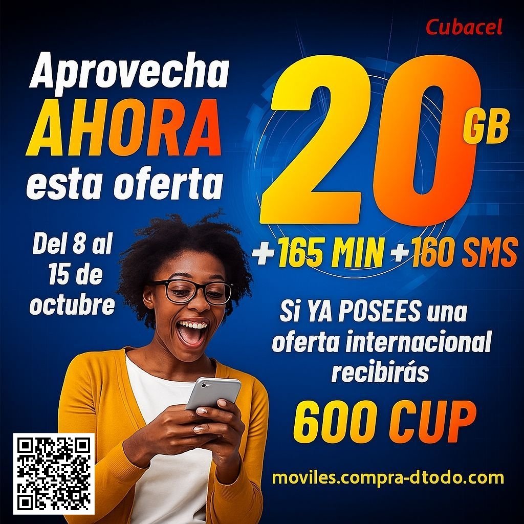 BermudezLidiana's tweet image. 📲 ÚLTIMO DÍA de la OFERTA ESPECIAL de Recarga!!
Aprovecha ahora!!
En moviles.compra-dtodo.com
✅ por 22.76 EUR/23.90 USD recibes BONO ESPECIAL de
2️⃣0️⃣ GB
➕️165 MIN
➕️160 SMS
Si posees alguna oferta o recurso internacional vigente, recibes 600 CUP en tu saldo principal.
#Cuba