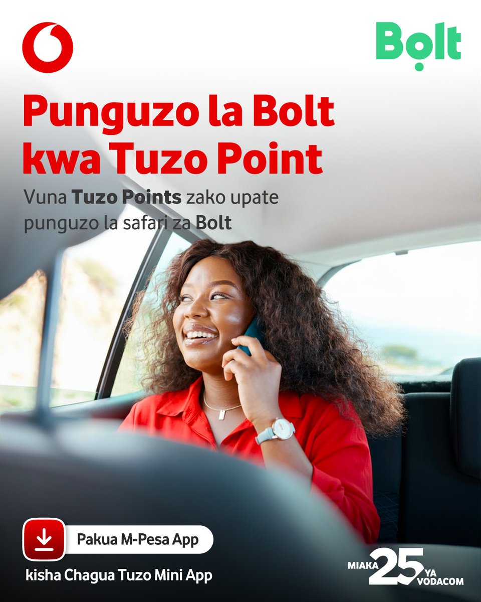 Big news. We’ve launched a partnership between Bolt Business and Vodacom Tanzania.

Vodacom users can now redeem Tuzo Points for free Bolt rides across Dar, Dodoma, Mwanza, and Arusha.

Brands can now plug their loyalty programs into our Bolt Business Marketplace.