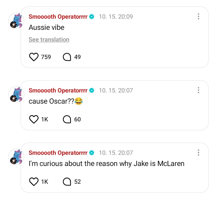 enhypenweverse's tweet image. [ #제이’s Reply ] 251015

OP: 02z bickering 🤟😆
by hrts4jay

🐈‍⬛: I&apos;m curious about the reason why Jake is McLaren 
🐈‍⬛: cause Oscar??😂
🐈‍⬛: Aussie vibe 

@ENHYPEN_members @ENHYPEN #ENHYPEN #엔하이픈 #JAY