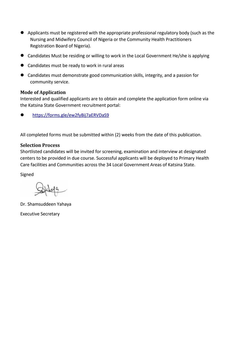 JOB ALERT (Katsina version) 

Katsina State Primary Healthcare Agency is inviting applicants for its available vacancies. 

The available roles: 

-Midwives 
-Community Midwives 
-CHEWs
-JCHEWs

Visit the following site for more information and application guidelines: