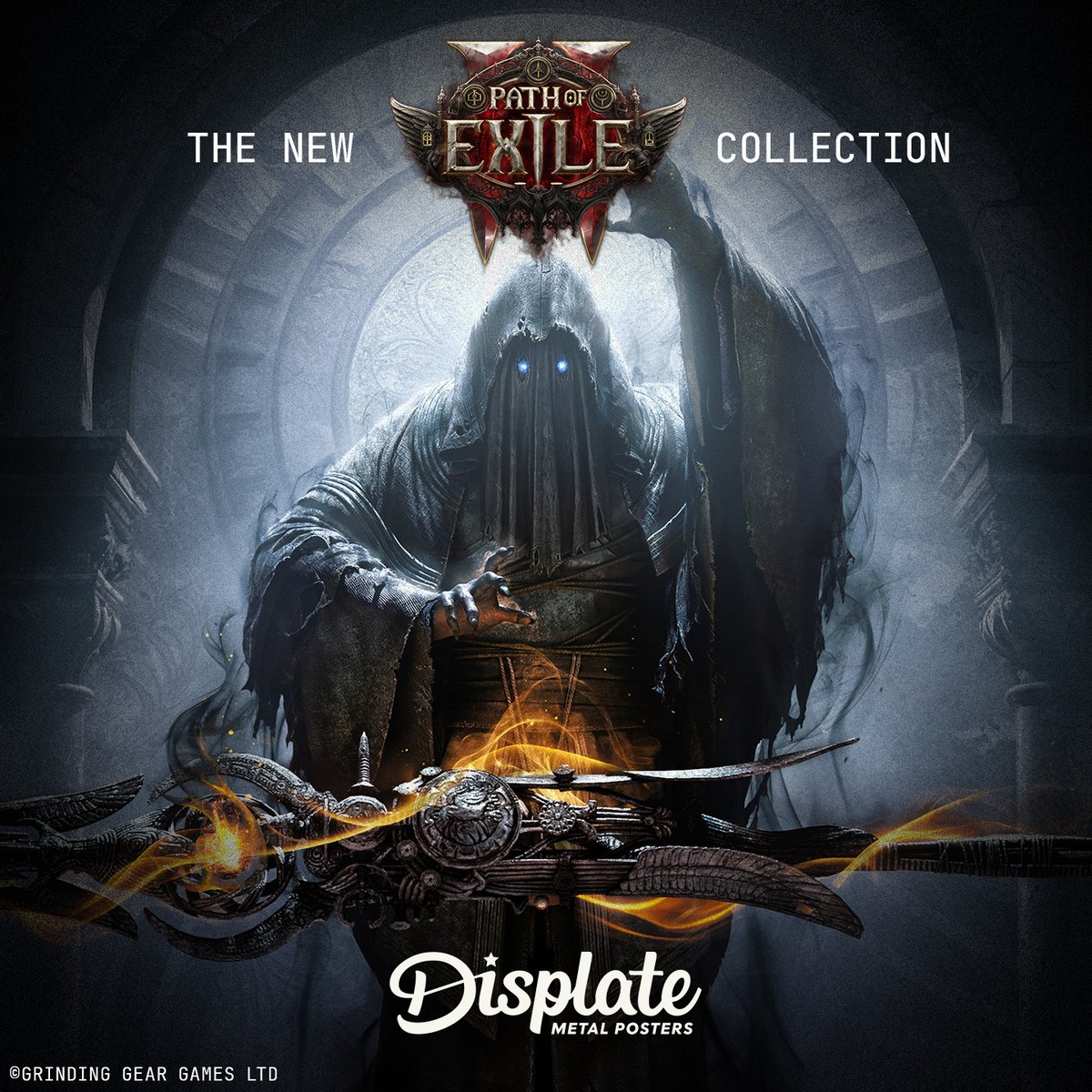 Displate's tweet photo. Official Path of Exile 2 premium metal posters – forged In Darkness, immortalized In Metal.