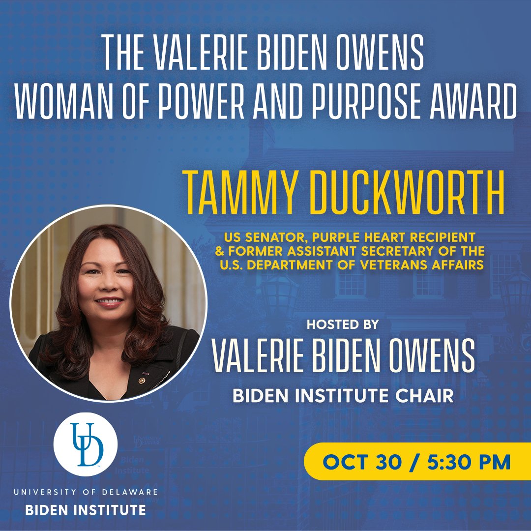 Join the Biden Institute for the eighth annual Valerie Biden Owens Woman of Power and Purpose Award with this year’s honoree, Senator Tammy Duckworth!

Register Here: forms.gle/xTTrrxcYdHHJSS…
