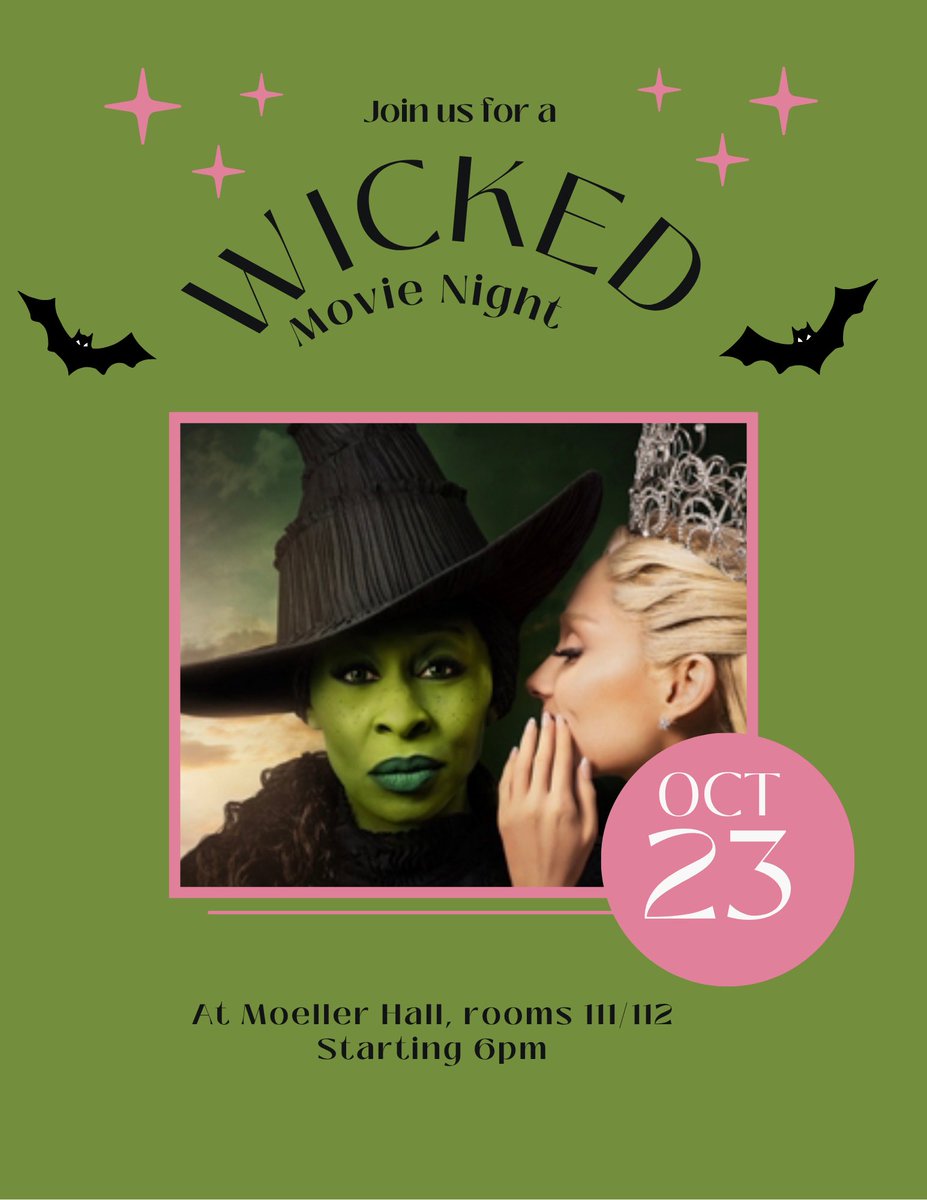 CSCC_Delaware's tweet image. What: We are having a WICKED movie night!

When: October 23, at 6pm

Where: Moeller Hall room 111/112

Why: For fun!

P.s there will be popcorn!