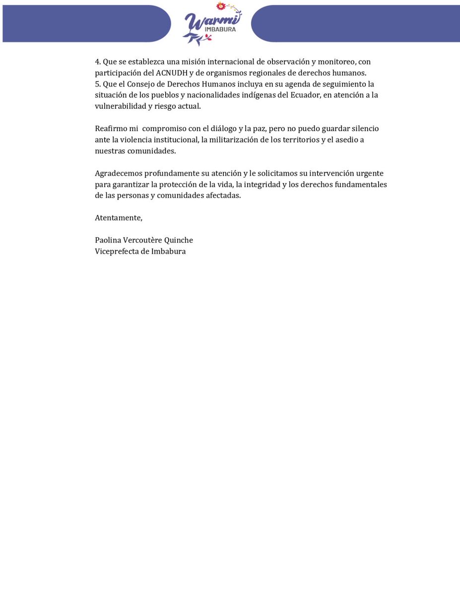 Frente a la violenta represión vivida en Imbabura, mi llamado urgente al <a href="/AlbertBarume/">Dr. Albert K. Barume</a>, relator para los pueblos indígenas <a href="/ONU_es/">Naciones Unidas</a> 
<a href="/UN_SPExperts/">UN Special Procedures</a> <a href="/UNHumanRights/">UN Human Rights</a> <a href="/MaryLawlorhrds/">Mary Lawlor UN Special Rapporteur HRDs</a> 
<a href="/UN_HRC/">UN Human Rights Council</a> 
<a href="/UN4Indigenous/">UNPFII</a>
