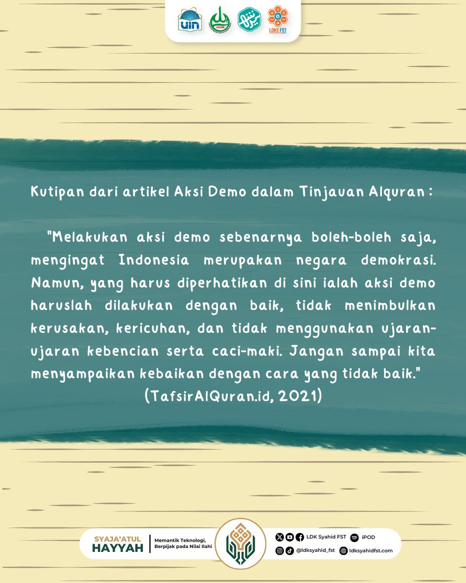 Ldksfst_uinjkt's tweet photo. Bersuara itu penting, tapi jangan sampai niat baik berubah jadi kerusakan.
Islam ngajarin kita: sampaikan dengan hikmah, damai, dan penuh tanggung jawab (QS. An-Nahl:125).

Suara kita berharga, so gunakanlah untuk kebaikan, bukan kebencian 👍🏻😎 https://t.co/9bqJwWRRgh