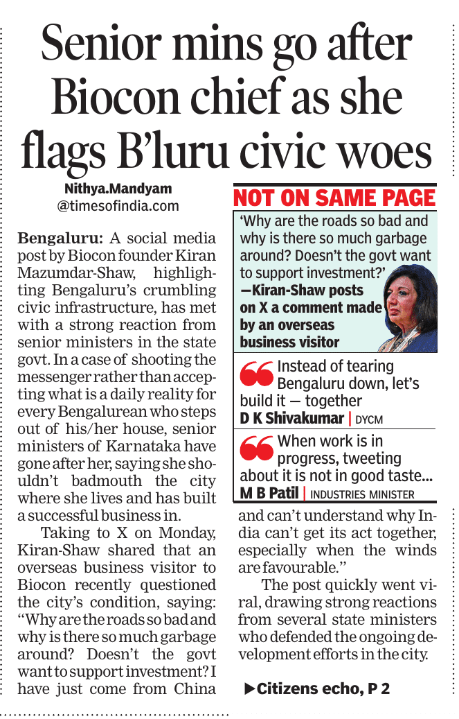 Ministers vs. Mazumdar-Shaw: Bengaluru’s civic woes ignite social media row. 
Why is government raging when they are at fault? 
<a href="/kiranshaw/">Kiran Mazumdar-Shaw</a> <a href="/DKShivakumar/">DK Shivakumar</a> <a href="/MBPatil/">M B Patil</a> <a href="/PriyankKharge/">Priyank Kharge / ಪ್ರಿಯಾಂಕ್ ಖರ್ಗೆ</a> <a href="/INCKarnataka/">Karnataka Congress</a> <a href="/INCIndia/">Congress</a> <a href="/BJP4India/">BJP</a> 
Read the full article on: epaper.indiatimes.com/article-share?…