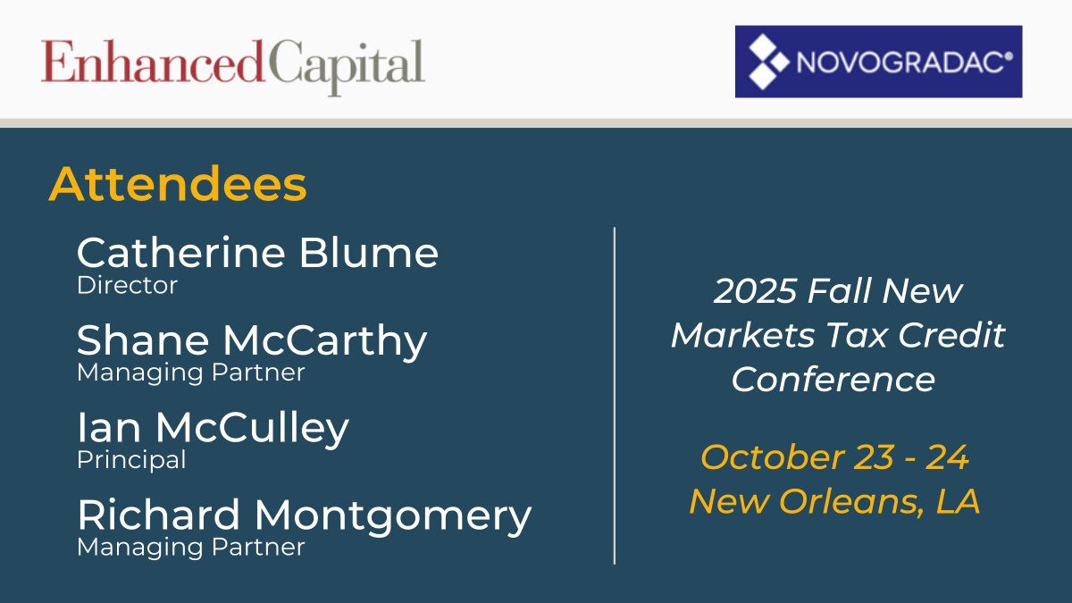 Join the <a href="/EnhancedCaptl/">Enhanced Capital</a> team at the <a href="/NovogradacCPAs/">Novogradac</a> 2025 Fall New Markets Tax Credit Conference on October 23-24 in New Orleans! Catherine, Shane, Ian, and Richard will be on-site and welcome the opportunity to connect.

Event details: novoco.com/events/novogra…
#NMTC
