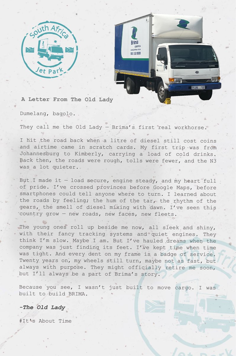 Before tracking systems and digital dashboards, there was one truck that carried Brima’s name through the heart of South Africa. 

We call her ‘The Old Lady.’ 🚚  Let’s all celebrate her together! 

#brimalogistics #itsabouttime #theoldlady #firsttruck #letterart