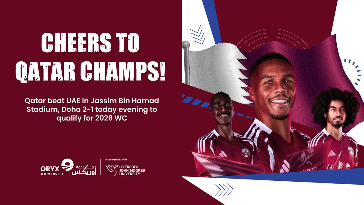 مبارك فوز العنابي والتأهل لكأس العالم ٢٠٢٦!

Congratulations to Qatar National Team for the qualification to the FIFA World Cup 2026!
#QFS #OU