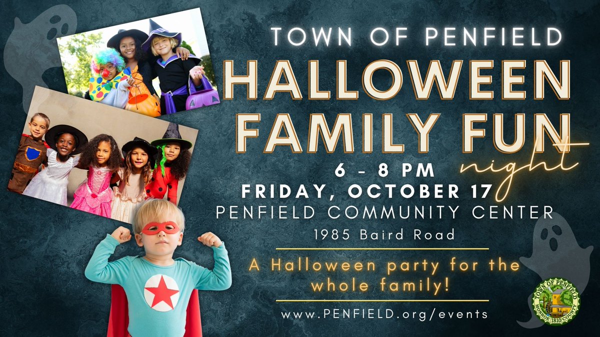🎃👻Happening Friday! Join us at Penfield Community Center for our spooktacular Halloween Family Fun Night! We'll have trick-or-treating, games, and hayrides.

🗓 Friday, October 17
🕧6 p.m. to 8 p.m.
📍Penfield Community Center