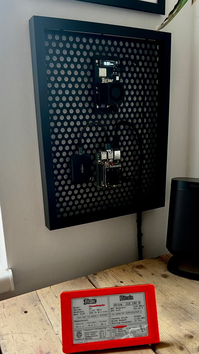 RobNo104's tweet image. My Bitcoin Journey – Update: Read “The Bitcoin Standard”,set up DCA, set up a node, learned cold storage, run a small miner. Inspired by it, I made it wall art- functional and unique! Would love some Feedback or improvement ideas! Journey continues #Bitcoin #BTC #BitcoinNode #Art