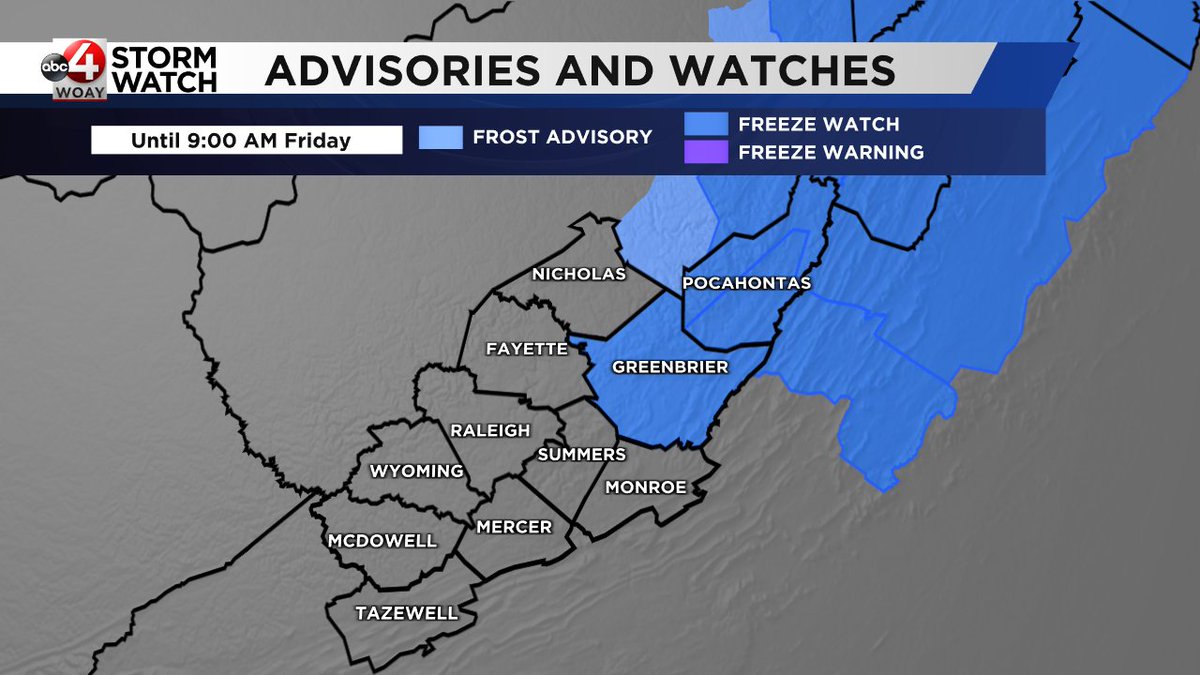 The northeastern portions of the WOAY NewsWatch area will see cold temperatures over the next couple of nights. In addition to what is shown on this graphic, there is a Frost Advisory for northwestern Pocahontas County until 9:00 a.m. tomorrow morning. #wvwx