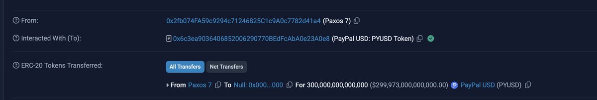 MonkeyPupp's tweet image. 🚨 Paxos Mints $300 TRILLION PYUSD, Then Burns It in 20 Mins! Not a heist, just an epic dev typo. 

Here’s the techy, hilarious breakdown of this stablecoin oopsie. 🧵😂 #Crypto #PYUSD #Ethereum