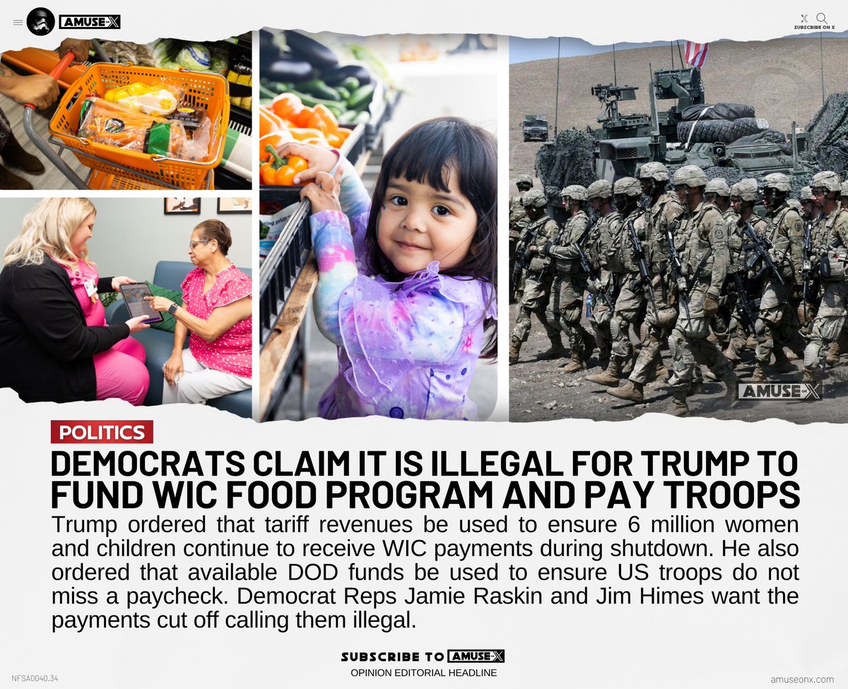 amuse's tweet image. SHUTDOWN: The Democrats are threatening to sue Trump for using tariff revenues to keep funding WIC for low-income women and children and to use DOD funding to keep paying American troops. Rep Raskin and Himes want American women, children, and troops to suffer in order to pay for…