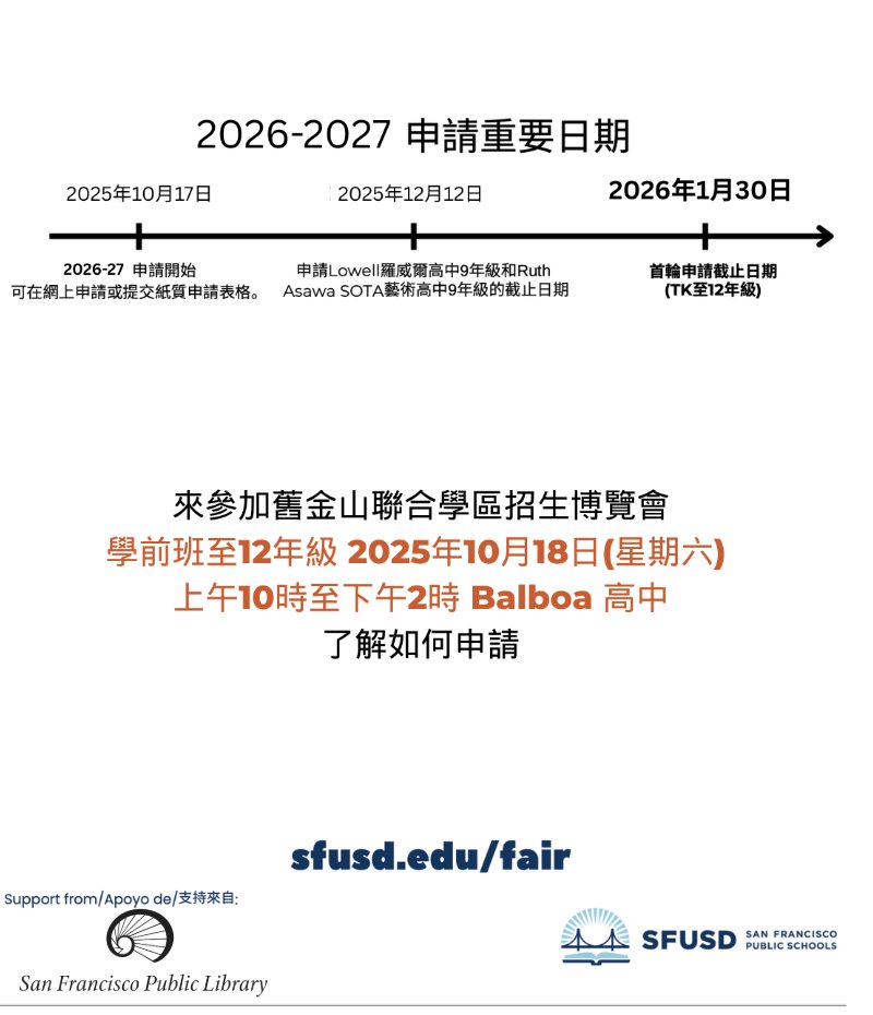 Starting on October 17th, we will be accepting applications for the 2026-2027 school year! Come to the Enrollment Fair to learn about our schools, pick up an Enrollment Guide and get support with your application. For more information, please visit: sfusd.edu/fair