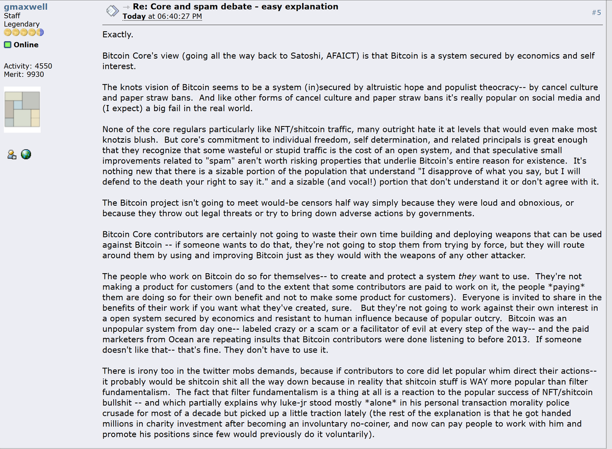 Fighting talk from Gregory Maxwell on the Core v Knots spam debate...