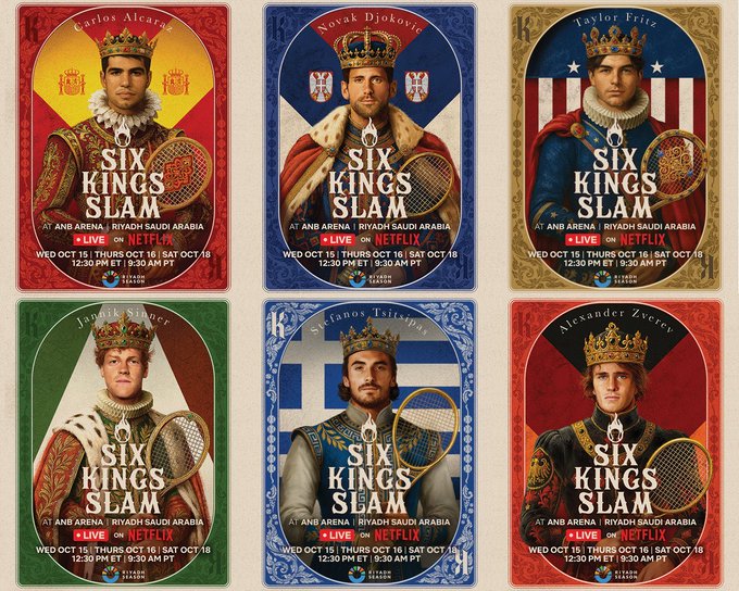 Six illustrated portraits of tennis players styled as kings wearing crowns and holding tennis rackets with flags and text indicating Six Kings Slam events in Riyadh on various October dates including Stefanos Tsitsipas Alexander Zverev Jannik Sinner Novak Djokovic Carlos Alcaraz and Taylor Fritz.