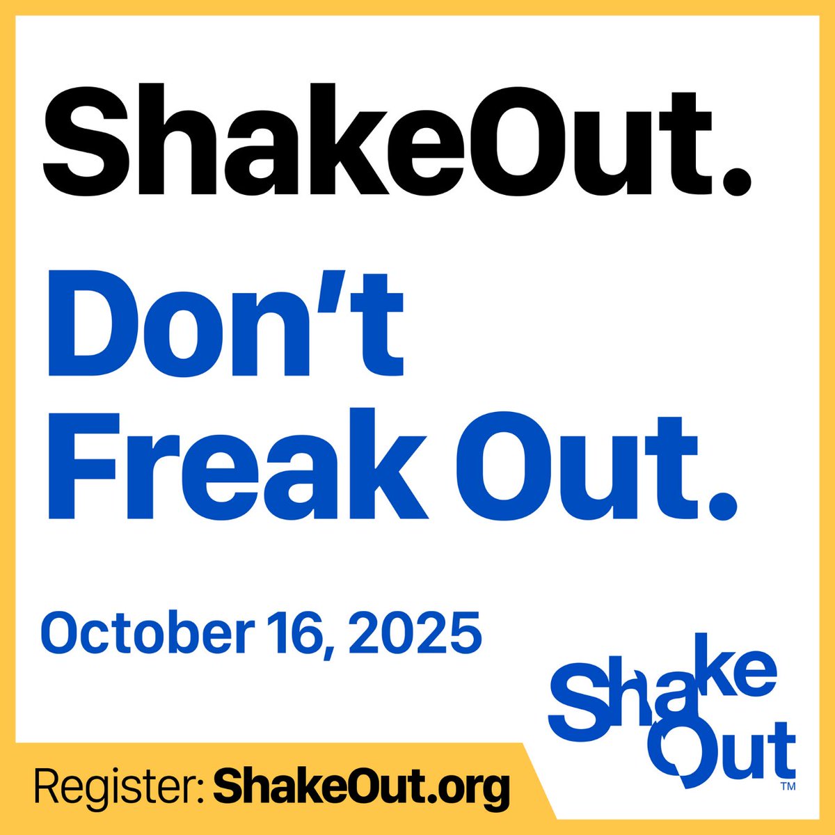 🚨 Get Ready for the Great ShakeOut – October 16th!
Join millions worldwide for the largest earthquake drill. 

This is your chance to practice key safety steps:
☑️ Drop, Cover, and Hold On
 ☑️Review your emergency plan
☑️ Prepare your family
☑️Take a few minutes to ensure