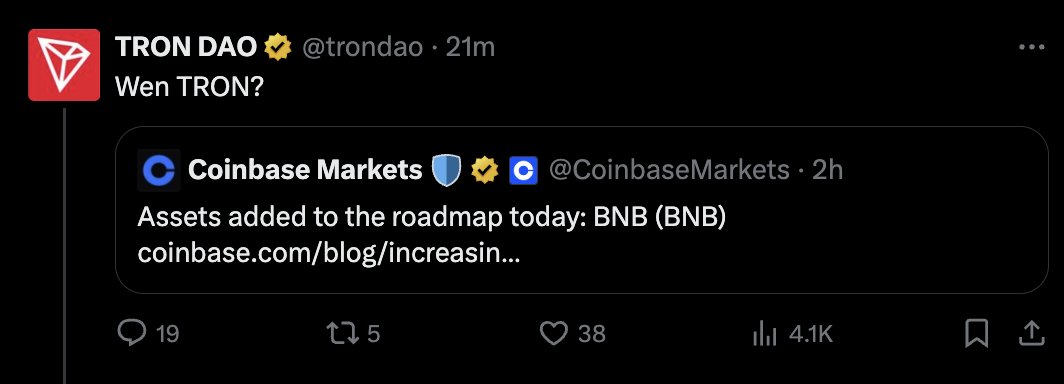 YazanXBT's tweet image. Seems like Tron are looking for a $TRX listing on Coinbase.

Whether you like them or not, they&apos;re a top 10 cryptocurrency by market cap and have been around for more than 8 years.

They too deserve a listing.

Isn&apos;t Coinbase all about supporting builders?