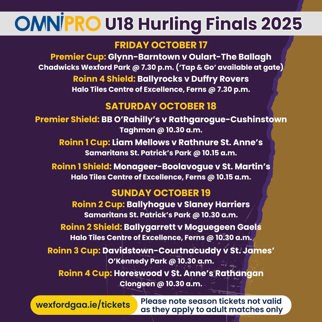 OfficialWexGAA's tweet image. There are nine hurling and two football titles up for grabs this weekend in our @omniproireland U18 Championships, and all the details are here. Best of luck to all teams competing.

&apos;Tap &amp;amp; Go&apos; available at @ChadwicksIE Wexford Park for the Premier Div. Hurling Final, but all…