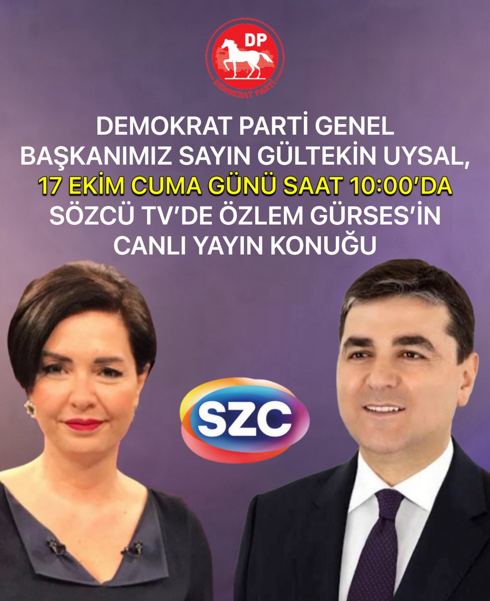 Demokrat Parti Genel Başkanımız Sn Gültekin Uysal, 

🗓️ 17 Ekim (Cuma Günü)
🕙 10:00’da
🖥️ Sözcü TV’de
🎤Özlem Gürses’in konuğu 

İzlemeniz dileğiyle 

<a href="/OzlemGurses/">Özlem Gürses</a> <a href="/DpGultekinUysal/">Gültekin Uysal</a>