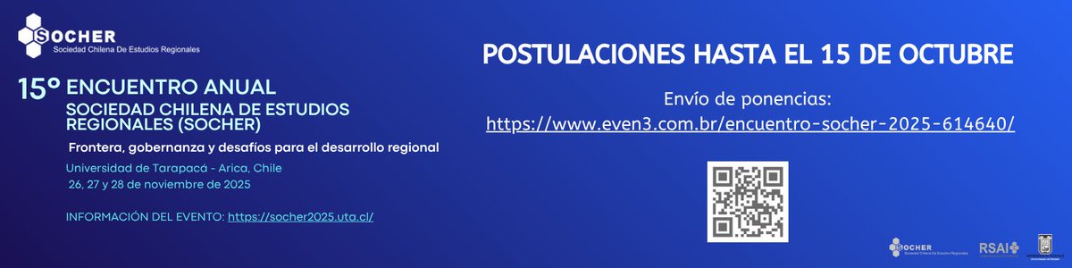 Socher_Chile's tweet image. 🚨 HOY | Último día de postulaciones para ser parte de #ENCUENTROSOCHER2025. ¡Te esperamos en Arica! even3.com.br/encuentro-soch…