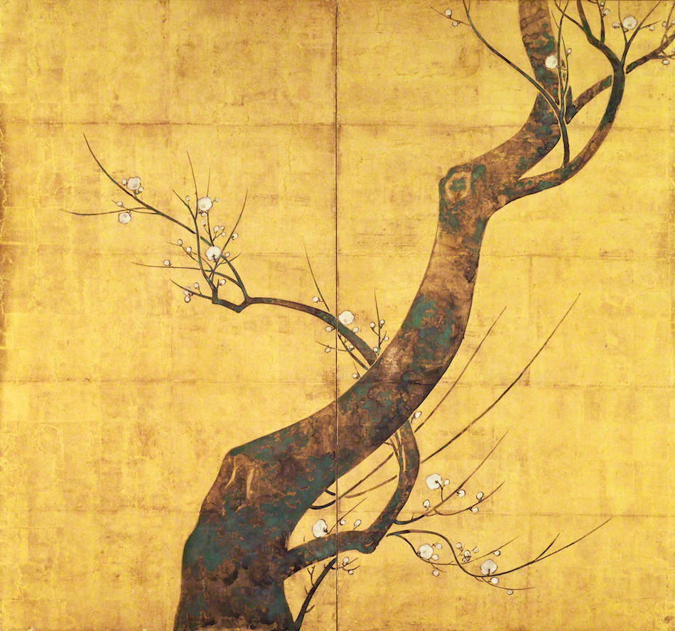 Folding Screen with Design of Plum Tree, by Rinpa School, 17th-19th century, Tokyo Fuji Art Museum