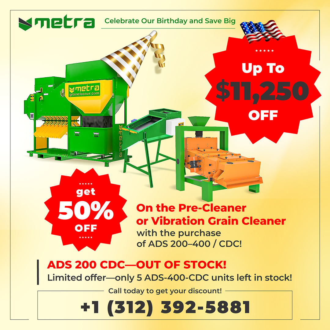 AlmazCleaner's tweet photo. 50% OFF SGC 400 or VDSC-400! Metra Birthday Deal!
❗️Slow grain cleaning? Upgrade now!
Save up to $11,250 on:
✅SGC 400 Pre-Cleaner
✅VDSC-400 Vibration Grain Cleaner
🎁 Only 5 ADS-400-CDC left!
⏳ Call: +1 (312) 392-588
#GrainCleaner #MetraDiscounts #VibrationGrainCleaner https://t.co/khbS9ENfhG