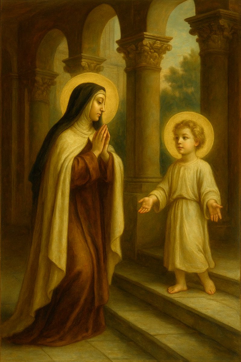 -¿Como te llamas, hermoso niño?
-¿Y tú, ¿cómo te llamas? preguntó Él a su vez;
-Yo soy Teresa de Jesús, respondió la Santa,
-Pues yo soy Jesús de Teresa, replicó Él.