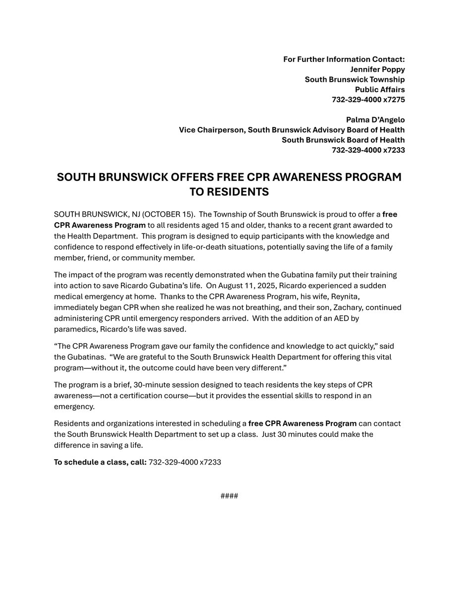 South Brunswick offers a FREE 30-min CPR Awareness Program for residents 15+. Learn lifesaving skills that could save a loved one. Schedule a class: 732-329-4000 x7233. Details on the homepage of southbrunswicknj.gov under News &amp; Notifications.