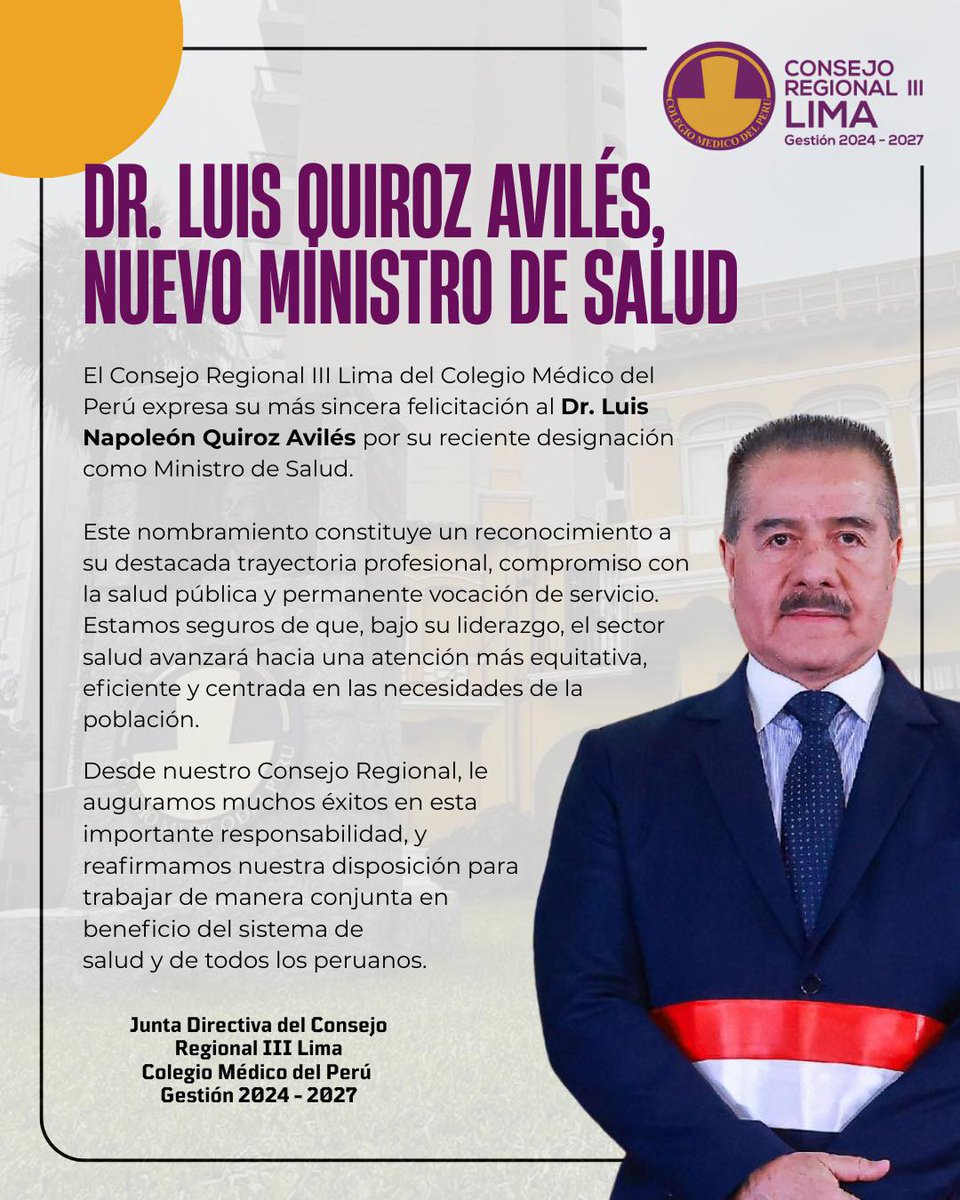 📷El Consejo Regional III Lima felicita al Dr. Luis Quiroz Avilés por su designación como nuevo Ministro de Salud.
Le deseamos éxito en esta importante labor en beneficio de la salud de todos los peruanos.