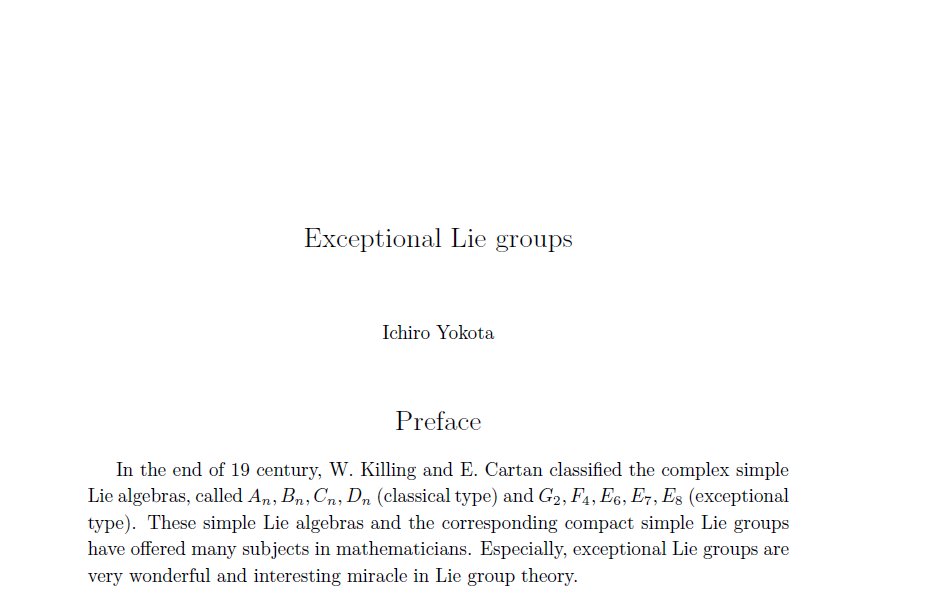 DiracGhost's tweet image. If you're a mathematician or a physicist, you will be highly interested in this publicly available book (on arXiv, 200+ pages) by Ichiro Yokota on exceptional Lie groups.
Don'y waste any time and get to the 🔗👇👇👇👇
