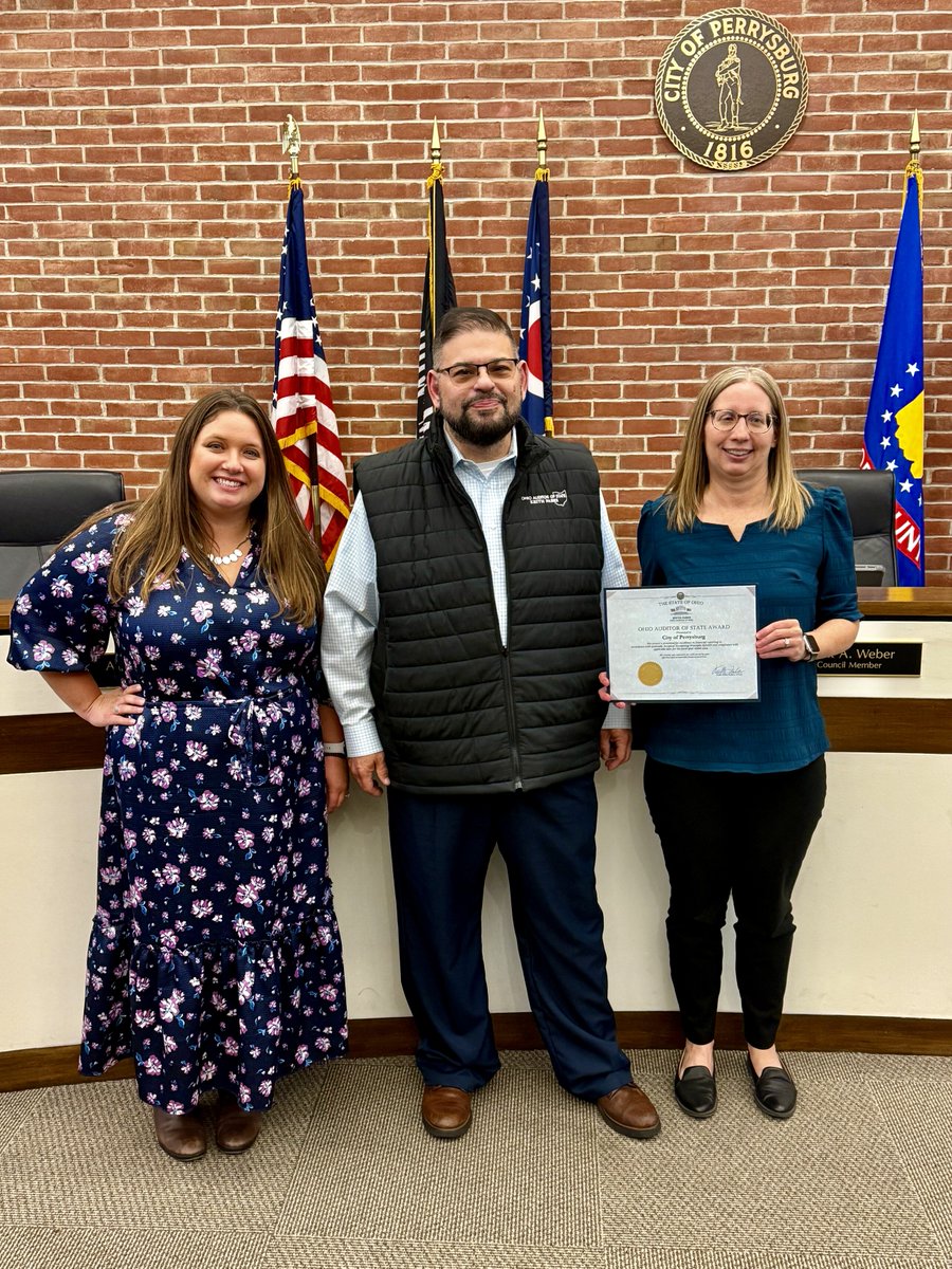 The City of Perrysburg (Director of Finance
Amber Rathburn, left, and Deputy Director Khayla
Trego, right) received the Auditor of State Award 🏆
from AOS Northwest Regional Liaison Scott Sands.
Congrats, <a href="/PerrysburgGov/">City of Perrysburg</a>!