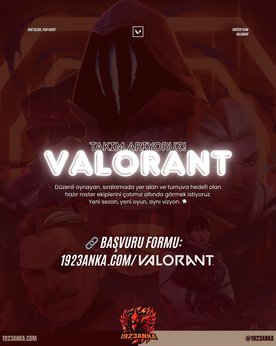 1923ANKA X VALORANT

🎯 Düzenli oynayan, sıralamada yer alan ve turnuva hedefi olan hazır roster ekiplerini çatımız altına davet ediyoruz.

Disiplin. Vizyon. Takım Ruhu.

🔗 Başvuru Formu: 1923anka.com/valorant

#1923ANKA #RiseWithAnka #Valorant #ValorantTürkiye #EsportsTürkiye