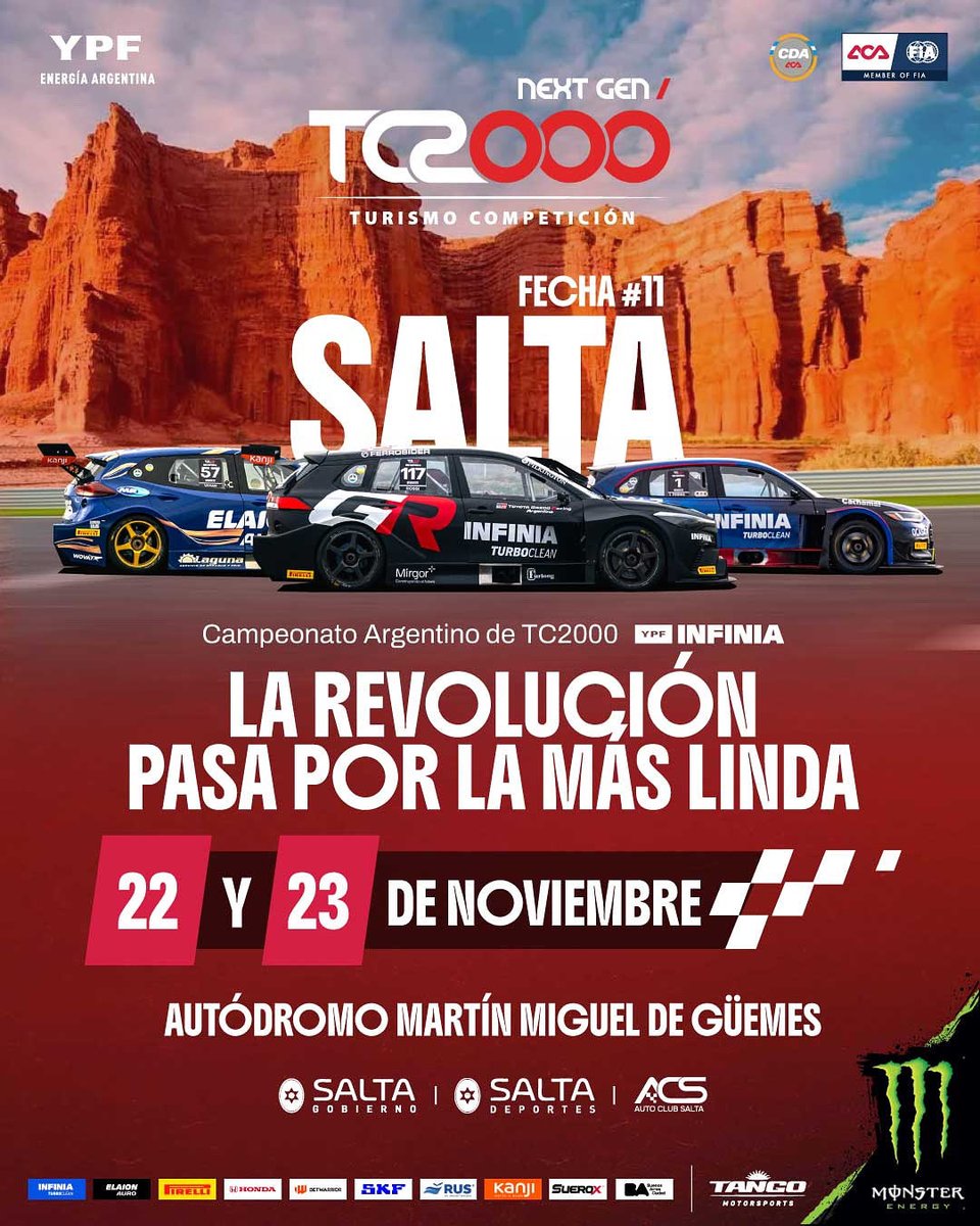 EL TC2000 VUELVE A SALTA 🔥😎

La 11va fecha del 46º Campeonato Argentino de TC2000 YPF INFINIA y de la Copa Rookie Latam se correrá el 22 y 23 de noviembre en el Autódromo Miguel Martín de Güemes en Salta.

Yendo no, llegandoooo 😎

#tc2000 #estoestc2000