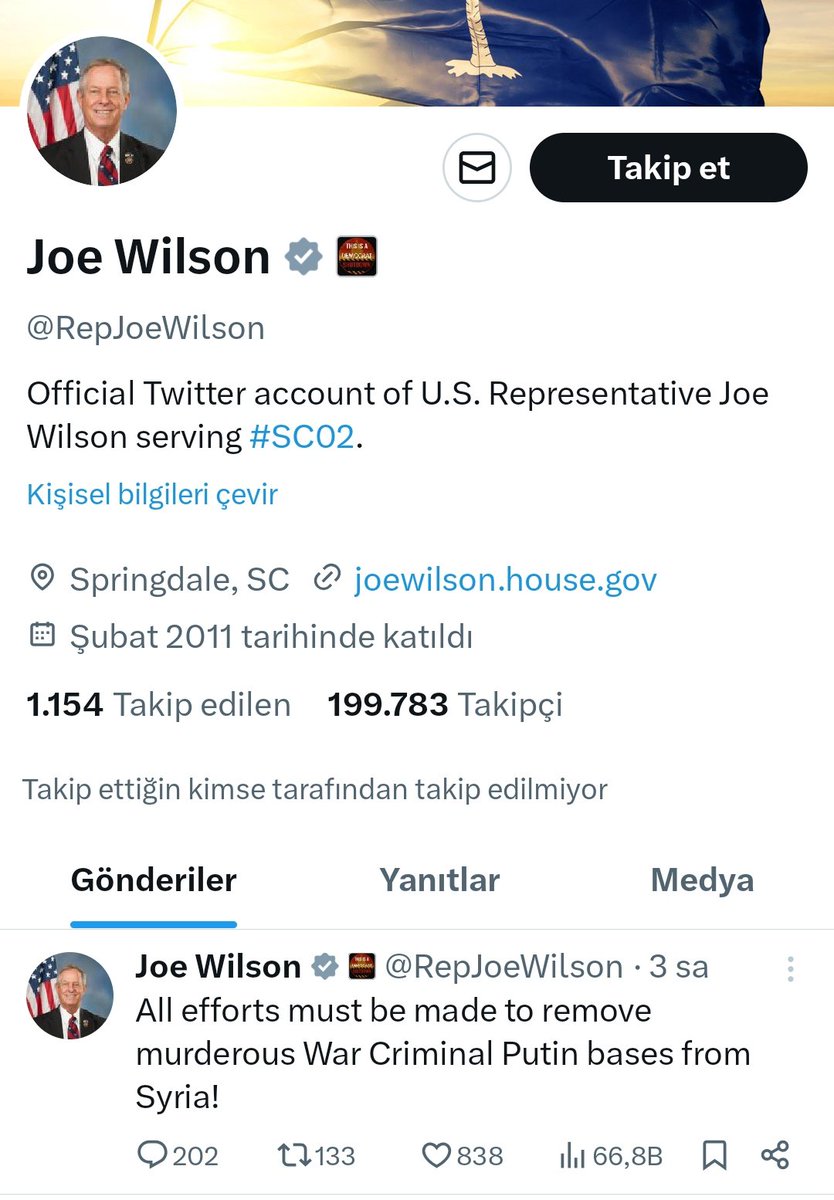 dailyrojava's tweet image. 🛑Colani Rusya'dayken ABD'den uyarı geldi
ABD Temsilciler Meclisi Üyesi Joe Wilson:
"Suriye'deki katil savaş suçlusu Putin üslerinin kaldırılması için her türlü çaba gösterilmelidir!"