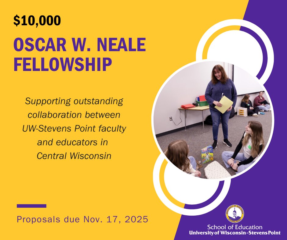 Teachers are invited to submit a proposal for the prestigious #UWSP Oscar W. Neale Fellowship to foster meaningful collaboration among educators. 1 recipient will be awarded $10,000 to support a collaborative research or development project. Apply by 11/17 bit.ly/4hmXdNF