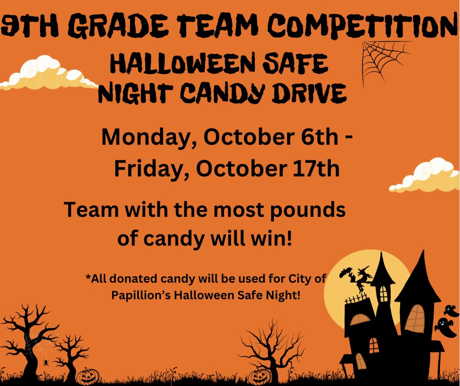 We are still looking for candy donations to support Halloween Safe night! Please turn in candy to one of your team teachers!  Let's help the City of Papillion make this event a huge success!