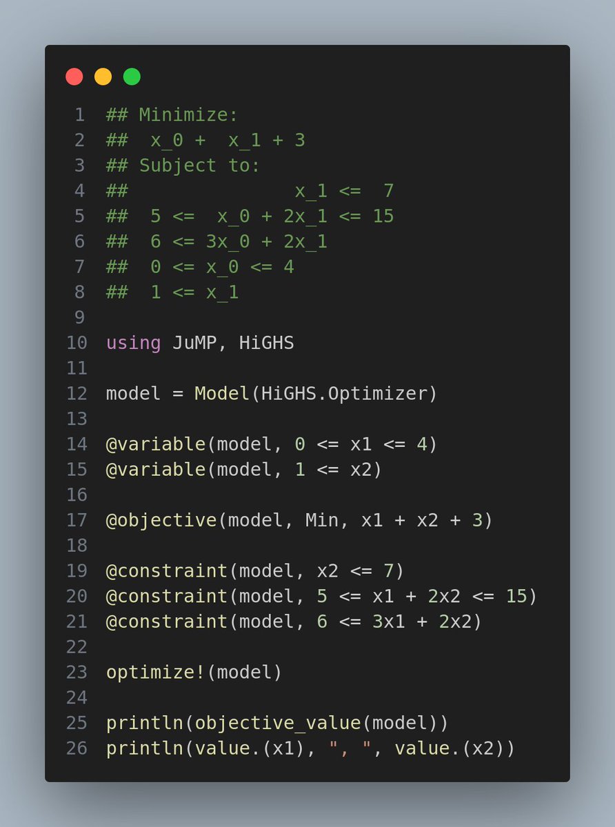 mhsatman's tweet image. Linear programming with using HiGHS solver
A comparison with the same problem:
Julia vs. R
#JuliaLang #rstats