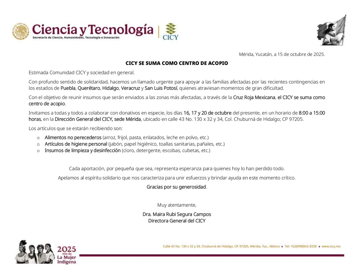 El #CICY se suma como centro de acopio para reunir #donativos en apoyo a las familias de #Puebla, #Querétaro, #Hidalgo, #Veracruz y #SanLuisPotosí.

Apelamos al espíritu solidario que nos caracteriza para unir esfuerzos y brindar ayuda en este momento crítico.