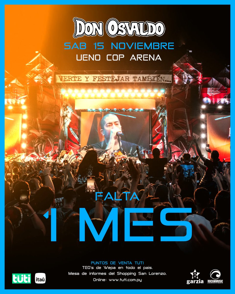 🔥 ¡FALTA SOLO UN MES! 🔥
El rock vuelve a sonar con fuerza en Paraguay 🎸
DON OSVALDO, con Pato Fontanet, llega con un show cargado de energía, historia y emoción.
Una noche para cantar cada tema a todo pulmón ❤️‍🔥

📅 15 de noviembre – 21:30 hs
📍 UENO COP ARENA – Comité Olímpico