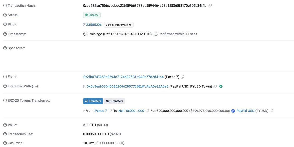 Cointelegraph's tweet image. 🚨 NEW: PayPal becomes the richest company on Earth with $300 trillion in assets... for about 20 minutes, until Paxos burns the $300 trillion PYUSD stablecoins it just minted.